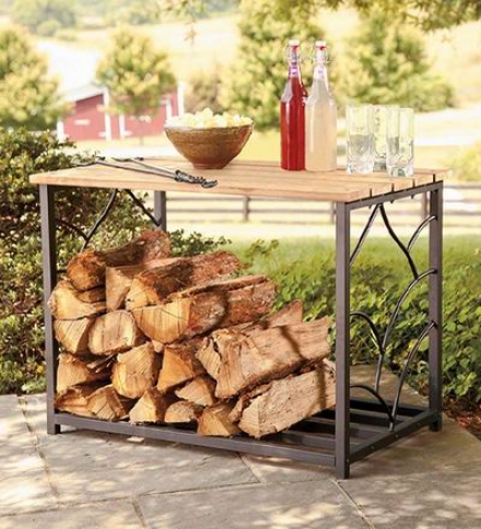 Outdoor Eucalyptus Storage Table With Steel Frame