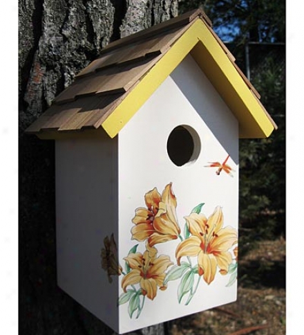 Purple Anemone Wooden Birdhouse With Cedar Shake Roof