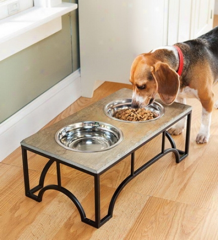 Raised Slate Pet Feeder With Stainless Steel Bowls