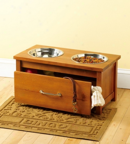 Raised Wooden Pet Feeder And Storage Drawer