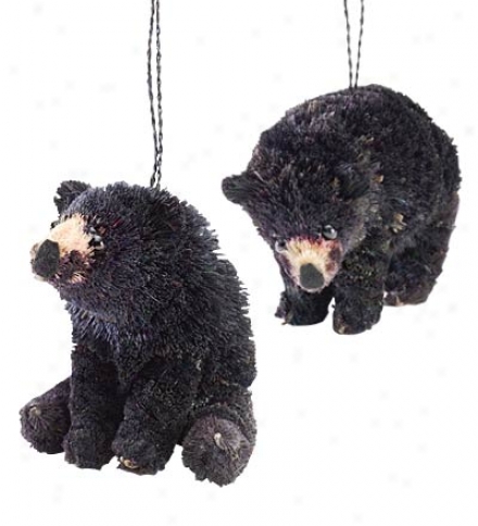 Set Of 2, Hand-painted Natural Bruah Bkack Bear Ornaments