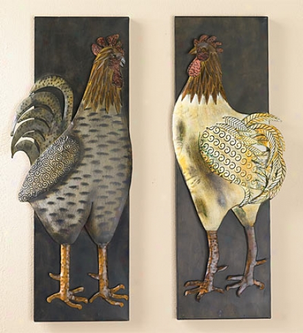 Concrete Of 2 Metal Rooster Wall Plaques