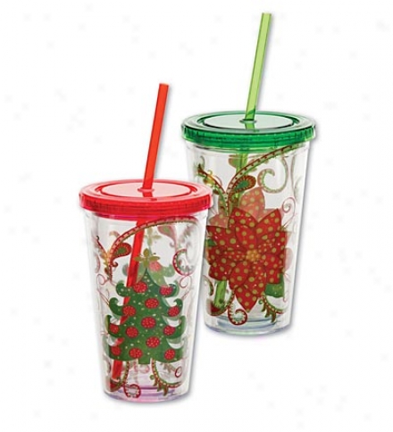 Set Of 2 Reusable Acrylic Insulated Tumblers With Lids And Straws