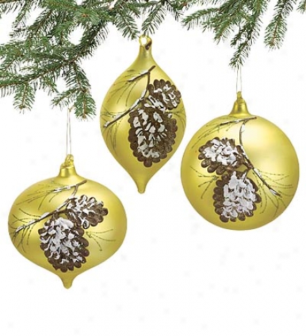 Set Of 3 Deluxe Delightful Glass Ornaments With Detailed Pinecine Design