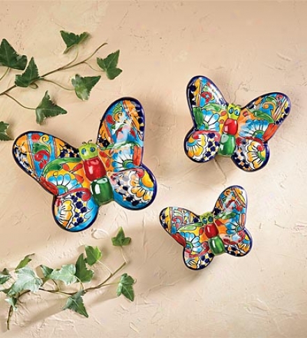 Set Of 3 Hand-crafted Painted And Glazed Ceramic Talavera Butterflies Wall Art