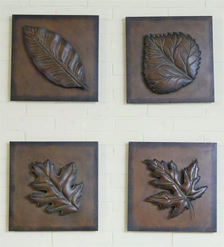 Set Of 4 Metal Embossed Leaf Wall Art