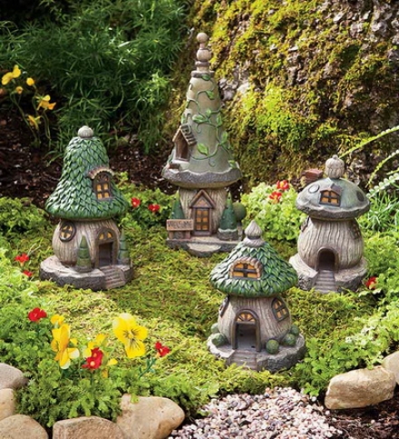 Set Of 4 Polyresin Outdoor Gnome Homes