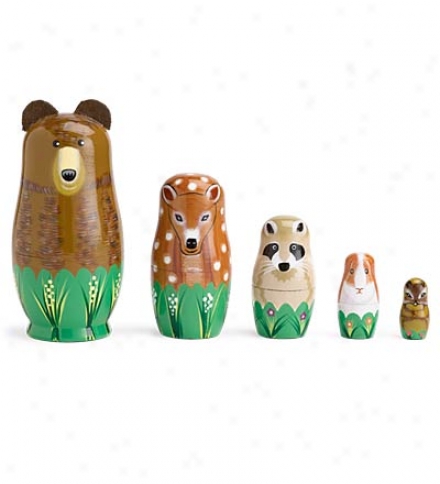 Immovable Of 5 Brightly Painted Wooden Nesting Woodland Animals