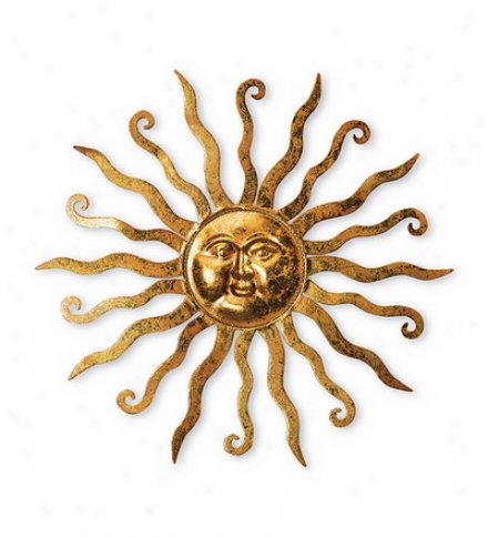 Shimmering Gold Metal Sun Wall Hanging With Etched Swirl Detail