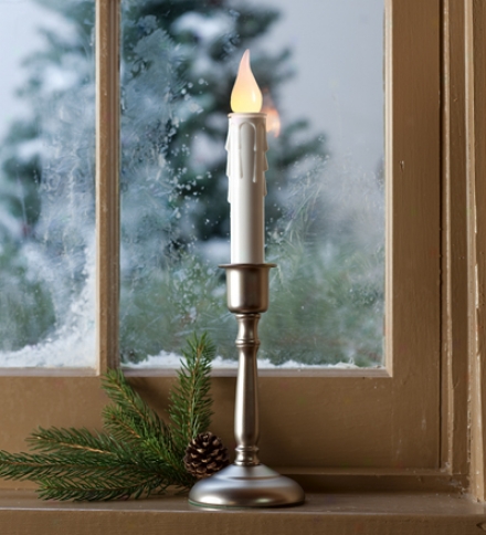 Single Cordless Window Candle With Yellow Flame In Brass, Pewterr And Bronze