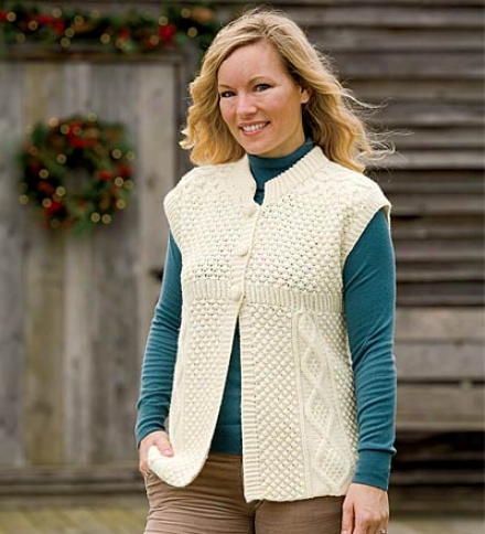 Sleeveless Merino Wool Hand-knit Cardigan With Traditional Aran Stitcying