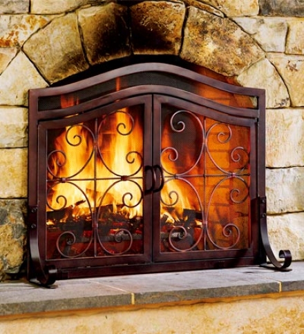Small 2-door Finihed Tubular-steel Crest Fire Screen And Four-piece Tool Setsave $10 On The Set!
