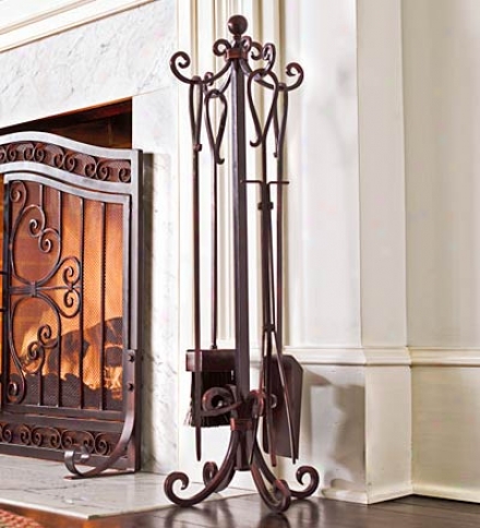 Hard Steel Fireplace Crest Tool Set With Wrought Iron Hearth Stand