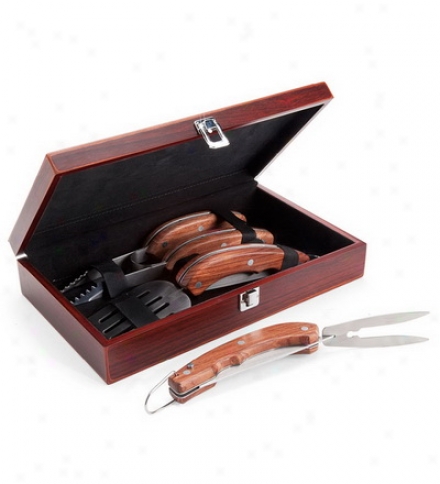 Three-piece Stainless Steel And Wood Grill Utensil Set With Wooden Box