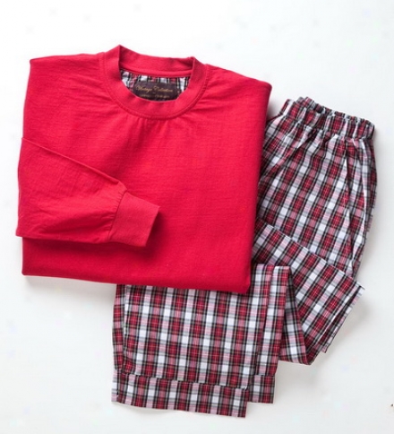 Unisex Cotton-wool Pajama Set With Plaid Poplin Pants And Long-slweve Jersey Knit Top