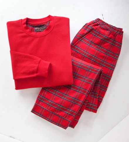 Unisex Cotton-wool Tartan Pajama Set With Plaid Fpannel Pants And Long-sleeve Jersey Knit Top