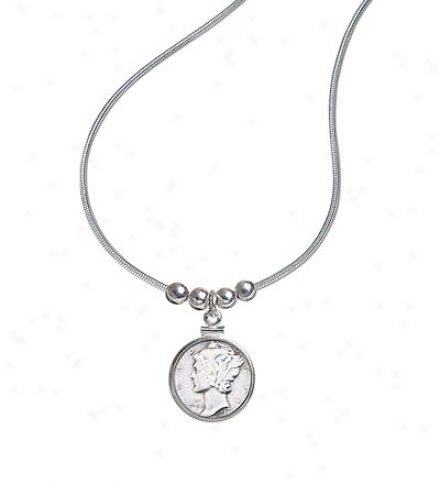 Us Minted Mercury Dime Pendant With 18" Sterling Silver Chain