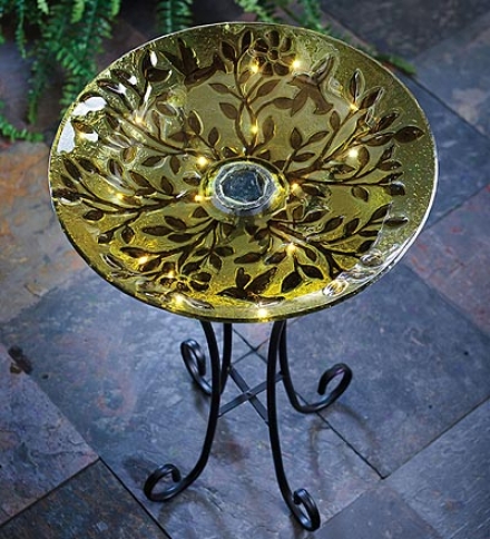 Vines And Birds Solar-powered Textured Glass Birdbath Upon Stand