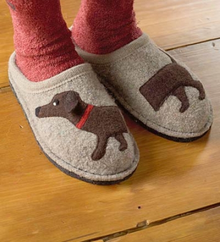 Women's Boiled Wool Dog Slippers With Non-slip Soles