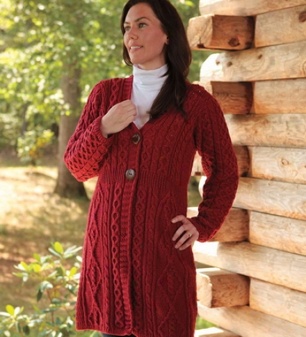 Women' ;s Merino Wool Irish Aran Knit Long Cardigan Sweater