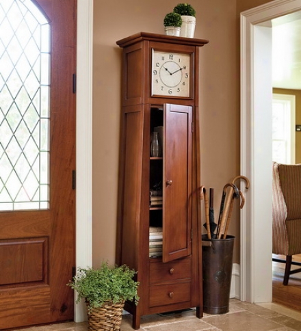 Wooden Walnut-finished Clock Cabinet With Integrated Storage Shelves And Drawers