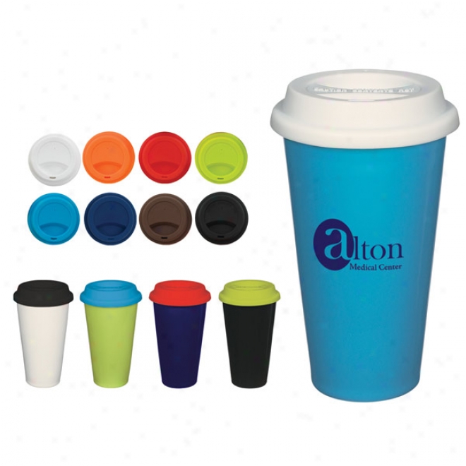 11 Oz. Double Wall Ceramic Mug With Silicone Lid