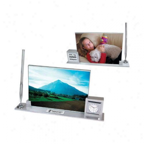 Aluminum Executive Photo Desk Set With Clock