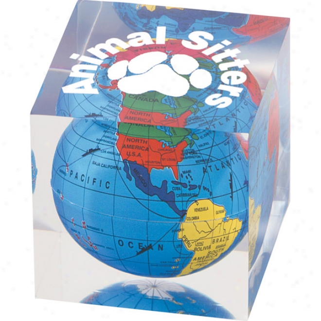 Clear Cube Shape Paperweight With Colorful Encased Globe