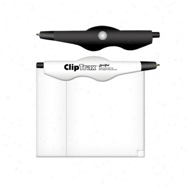 Cliptrax" 3 In 1 Binder Clip Ball Point Pen With Magnet & Sticky Note Pad