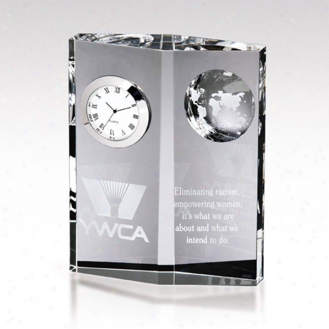 Dateline Optica Couture - Optical Crystal Award With Vertical Clock And Scalloped Globe