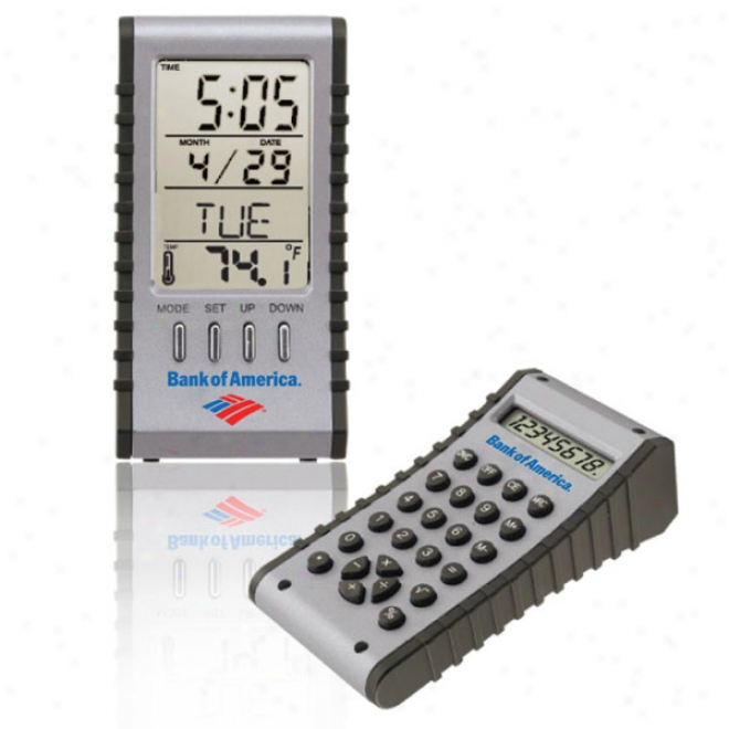 Digital Calendar, Alarm Clock And Thermometer On One Side And Calculator On Other