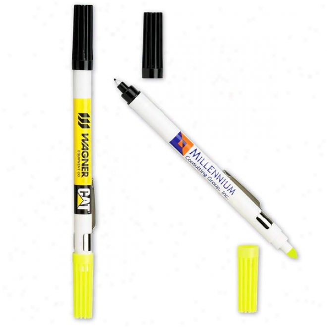 Double Header - White - NeonY ellow Highlighter And Black Plastic Point Pen Combinztion, 6 3/4" Long