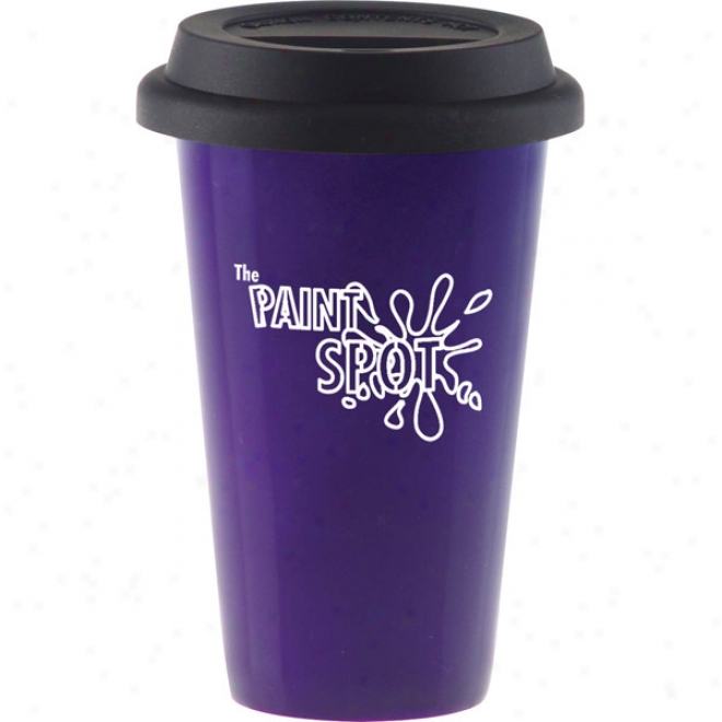 Double Wall Purple Porcelain Cup W/black Lid