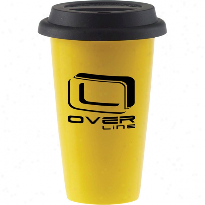 Double Wall Yellow Porcelain Cup W/black Lid