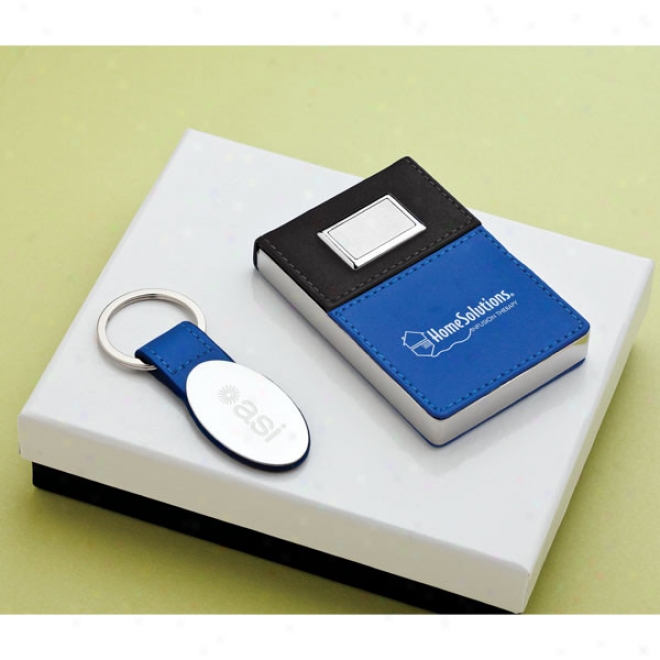 Gift Set --blue Faux Leatyer Card Case With Black Top Cover And Key Holder With Blue Faux Leather Tab