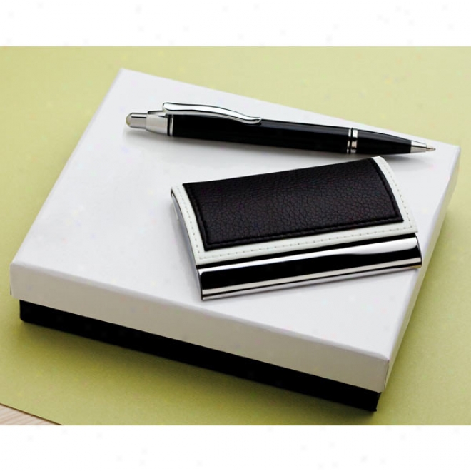 Gift Set --metal Card Case With Mourning White Faux Leather Top Cover And Black Pen