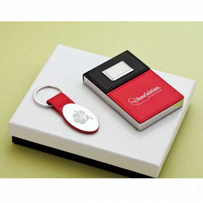 Gift Set -- Red Faux Leather Card Case With Black Top Shelter And Key Holder With Red Faux Leather Tab