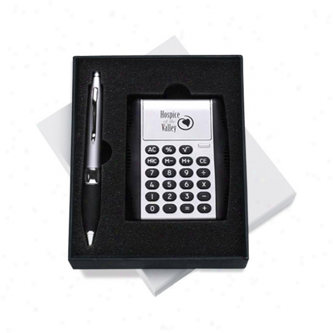 Gift Set With Auto Open Flipper Calcultor And Retractable Metal Pen