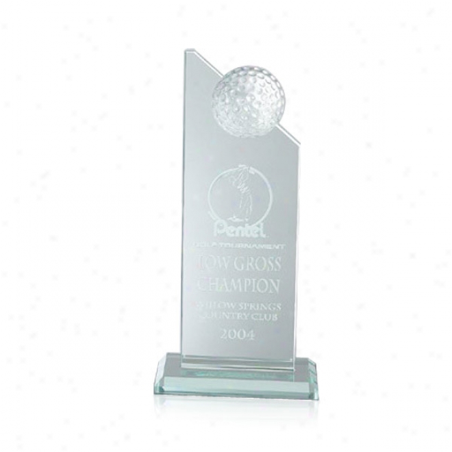 Grand Slam Optica Couture - 6 1/2" X5 " - Tall Wedge Shape Crystal Award On Base With Golf Ball On Top