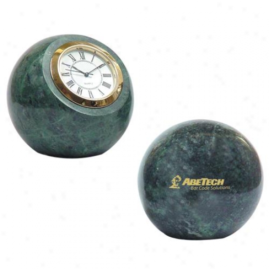 Green Hualien Marble Ball Desk Paperweight Upon Quartz Analog Clock