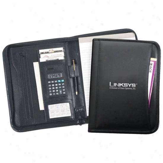 Leatherette Portfolio With Zipper Closure, Calculator And Business Card Holder