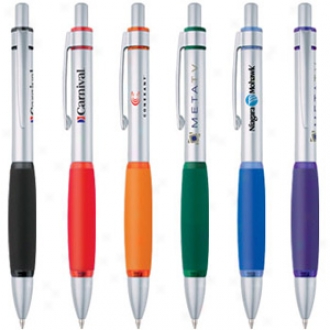 Matte Silver Metal Ballpoint Pen With Translucent Color Accents And Grip