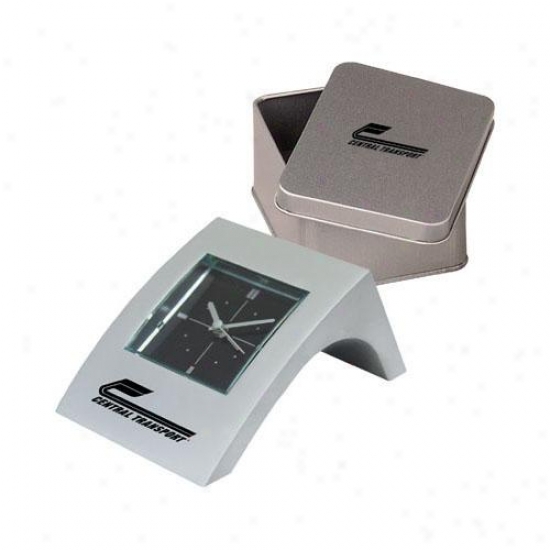 Miniature Aluminum Alarm Clock With Anglsd Case, Matching Tin Box