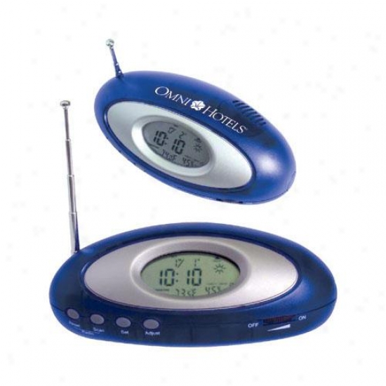 Oval Radio With Clock With Translucent Blue Case With Metallic Silver Trim