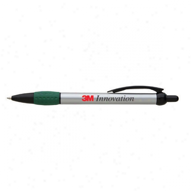 Retractable Ballpoint Pen Attending Silver Barrel, Black Plunger And Clip, Black Ink