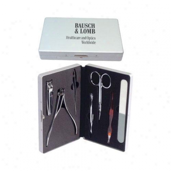 Seven Piece Manicure Set In A Hinged Aluminum Case With Black Felt Lining