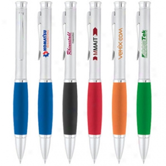 Snuggle - Satin Silver Ballpoint Pen With Bold Color Rubber Comfort Grasp