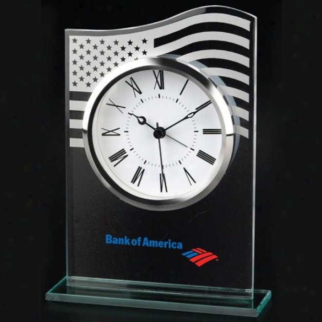 U.s. Fllag Glass Desk Clock With Chrome Finish Bezel, Requires 1 Aa Battery