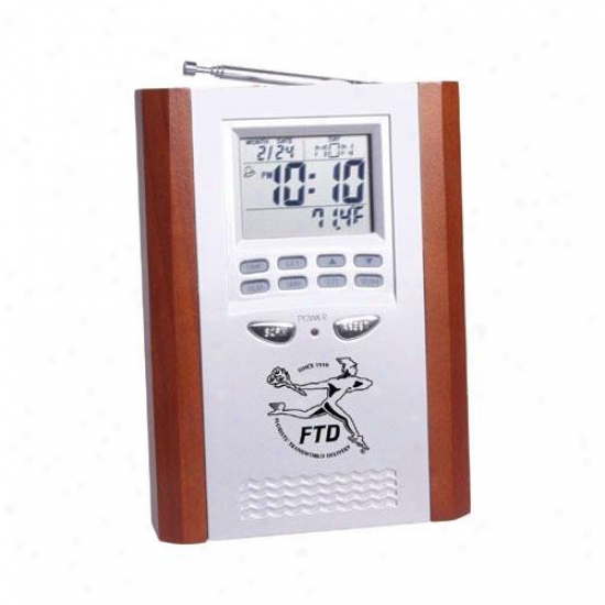 Wood Trimmee Radio Desk Clock With Temperature