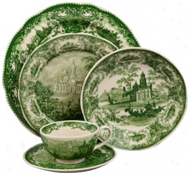 5-piece Green And White Porcelain Dinner Place Setting (r3297)